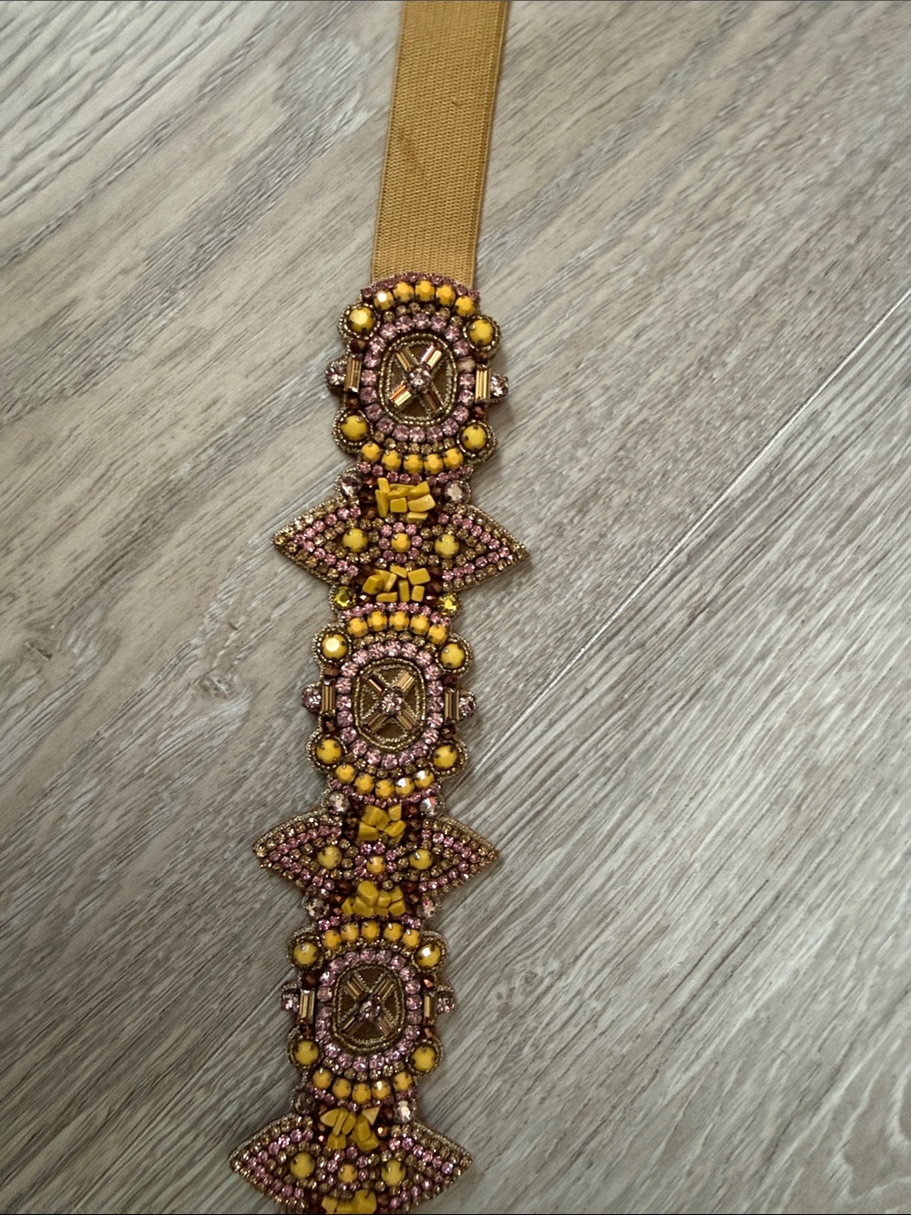 Yellow and Pink Beaded Brown Embellished Belt